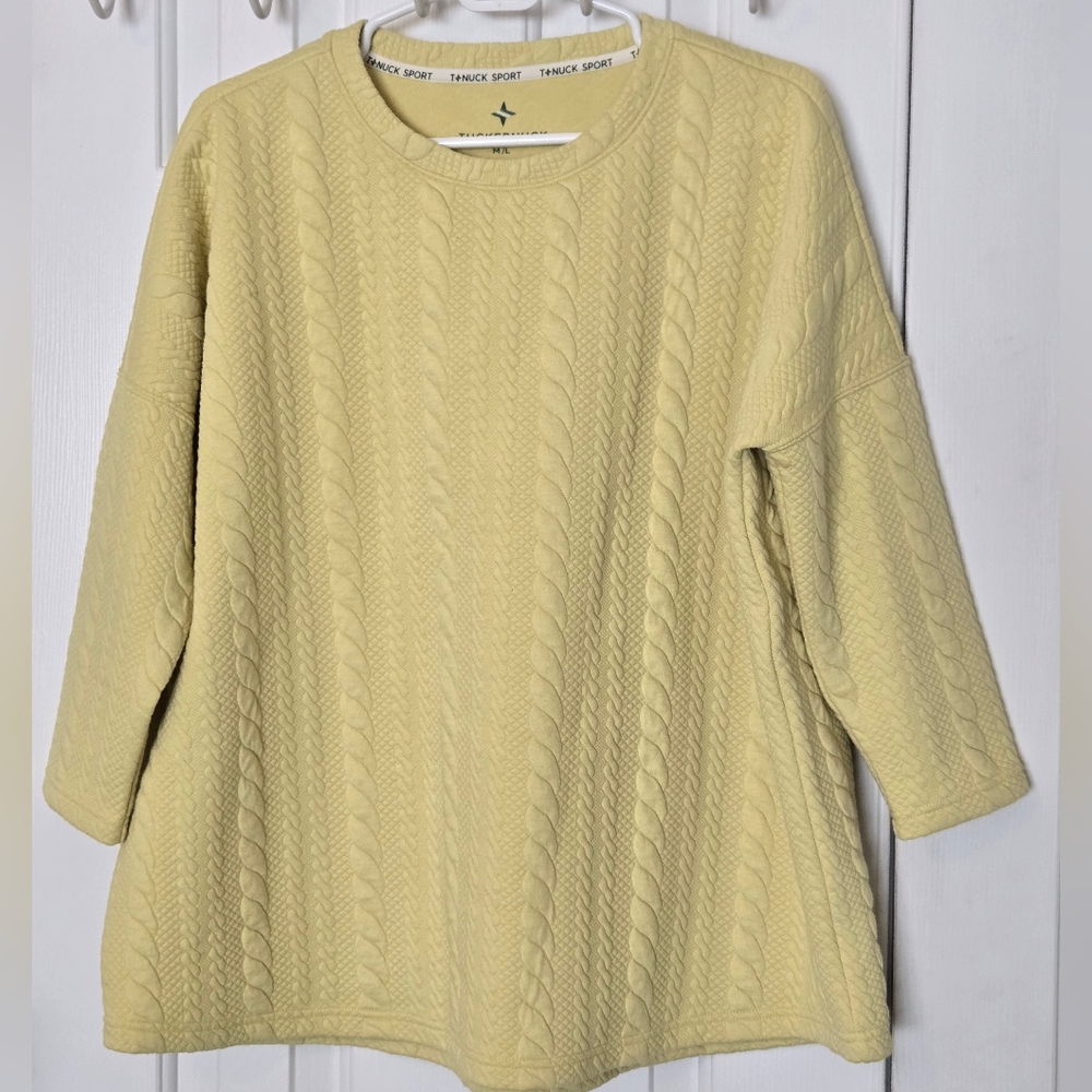 Tuckernuck Pale Yellow Cable Knit Crewneck Sweater
